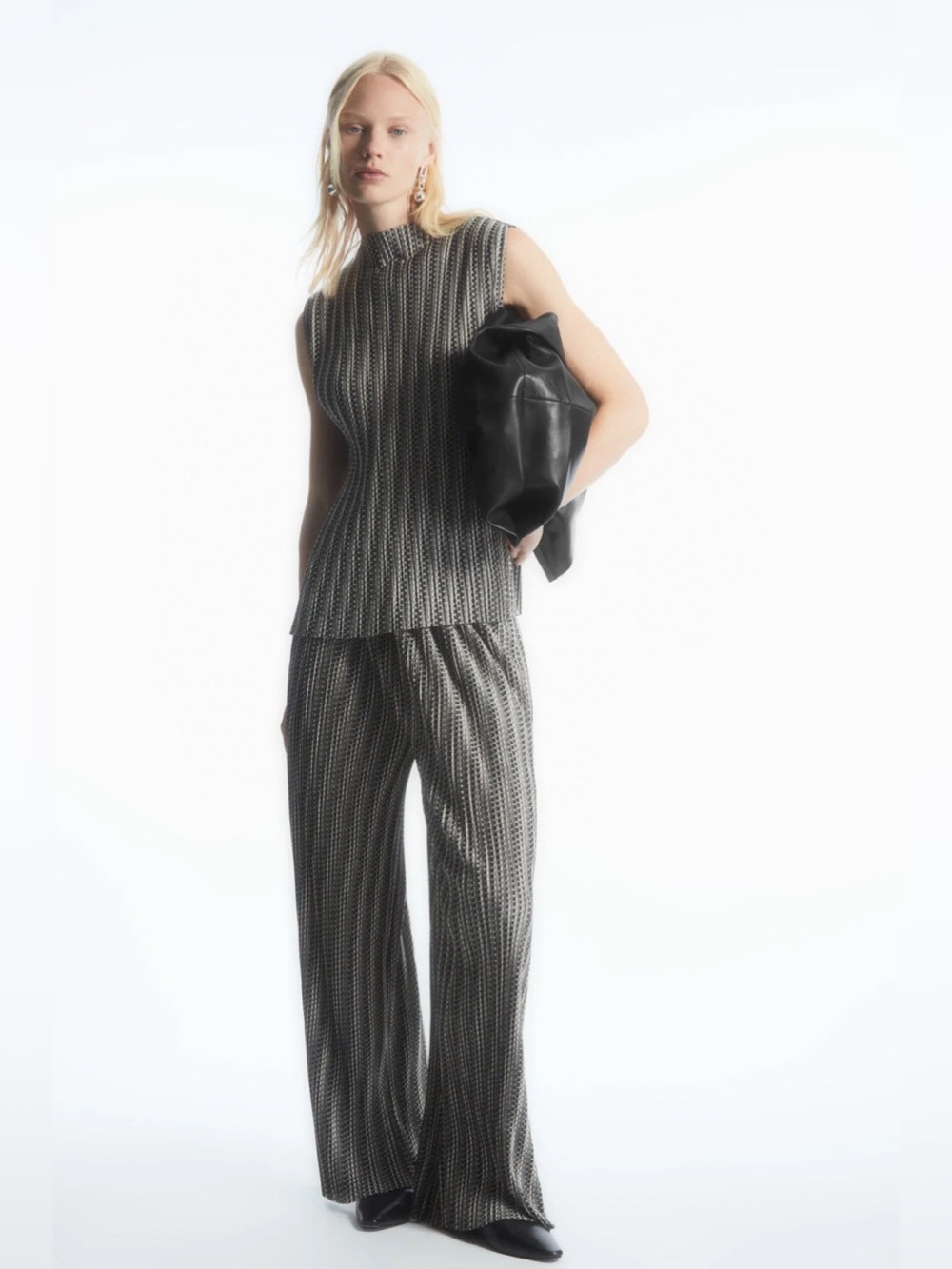 NWT COS Sz S Plisse Trousers Pleated Relaxed Fit Wide Leg Black White Printed